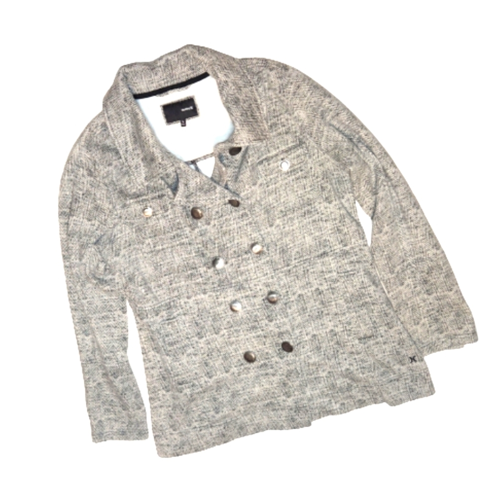 Hurley 6 button collared black white tweed pea coat jacket